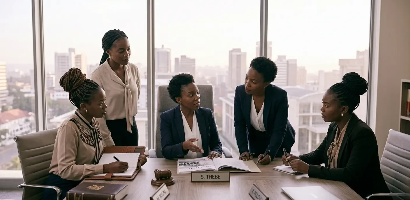 Four Black women in professional business attire sit around a large, modern conference table overlooking a sunlit city skyline [11]. They are focused on an open book, with paper notebooks, a wooden gavel, nameplates, and a laptop arranged on the table [11].